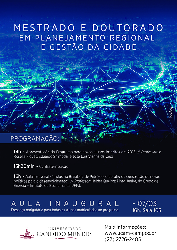 Aula inaugural dos programas de Mestrado e Doutorado em Planejamento Regional e Gestão da Cidade acontece no dia 07 de março