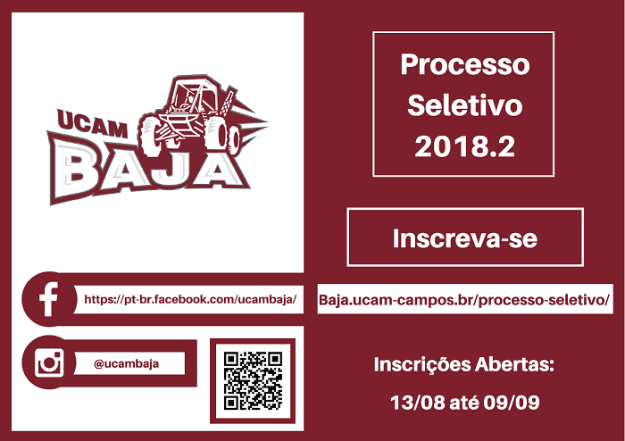 Abertas inscrições para processo seletivo de 2018.2 do UCAM Baja